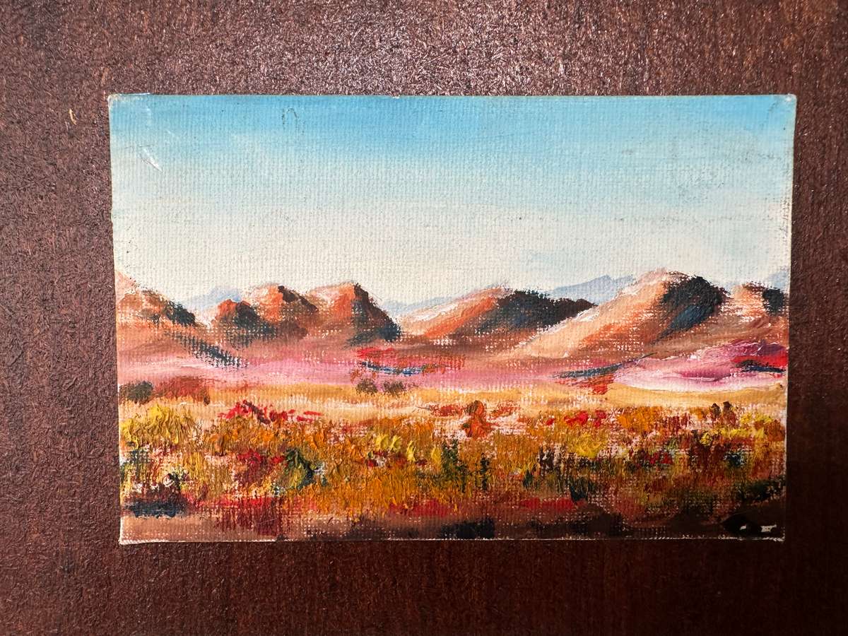 Original African Landscape Art, Oli Paint on Canvas Placed On Board: Finished Size 23.5cm x 41cm