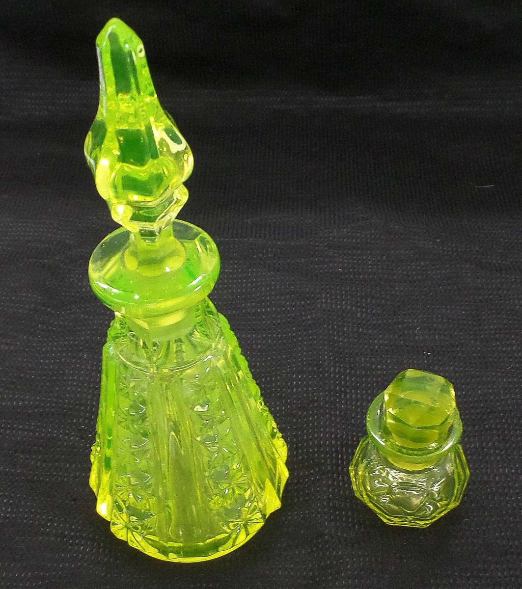 Antique Victorian Uranium Glass Perfume Bottles with Stoppers
