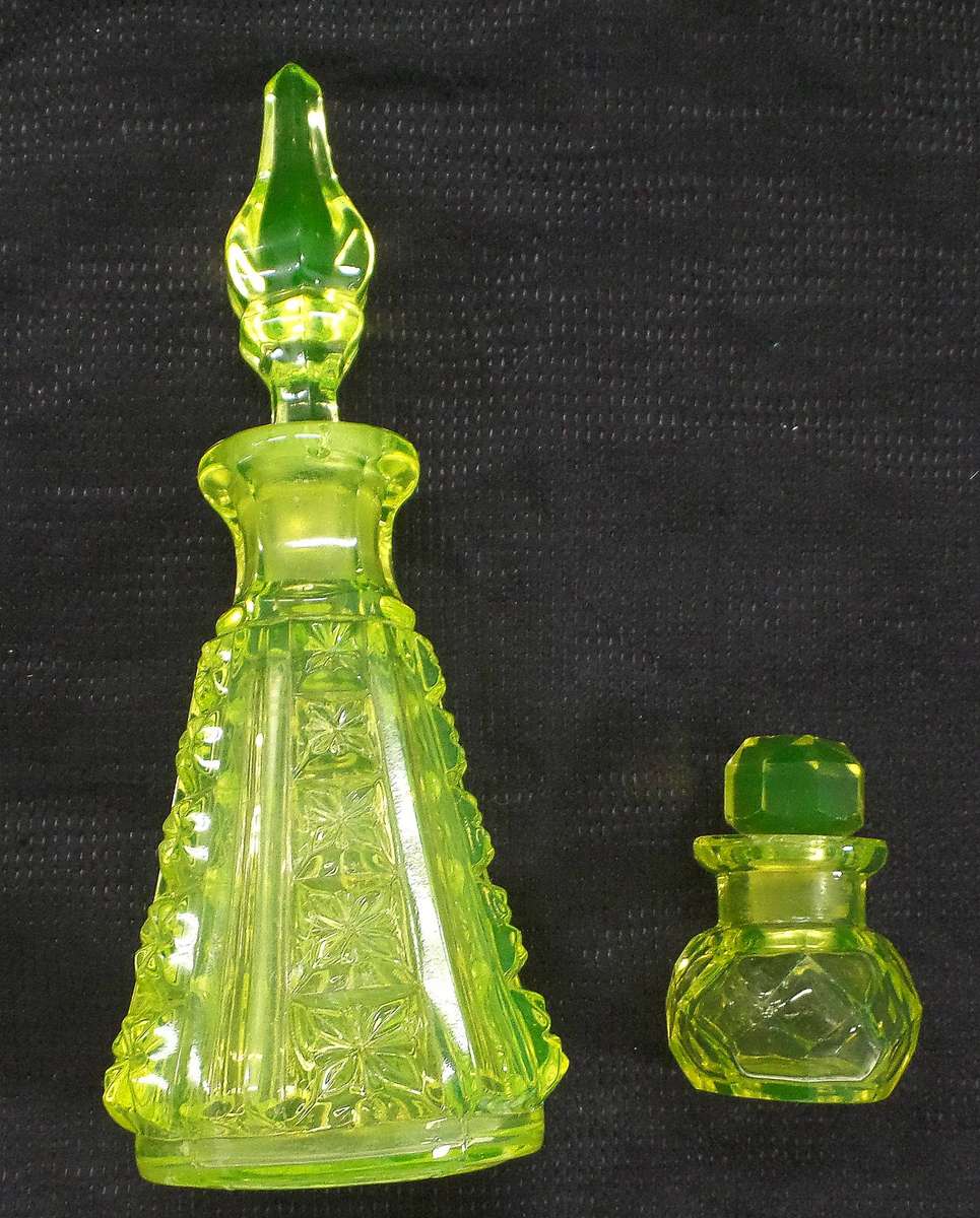 Antique Victorian Uranium Glass Perfume Bottles with Stoppers