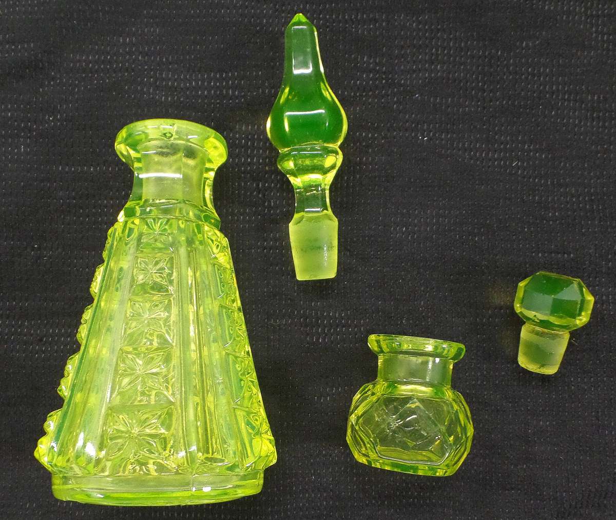 Antique Victorian Uranium Glass Perfume Bottles with Stoppers