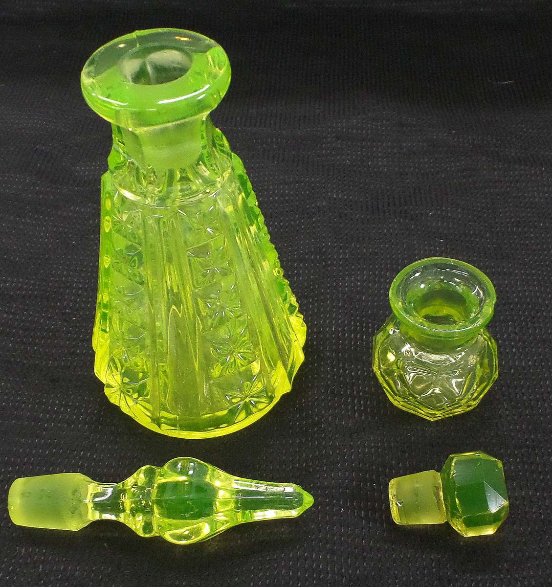 Antique Victorian Uranium Glass Perfume Bottles with Stoppers