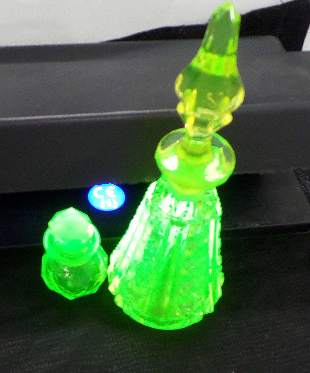 Antique Victorian Uranium Glass Perfume Bottles with Stoppers