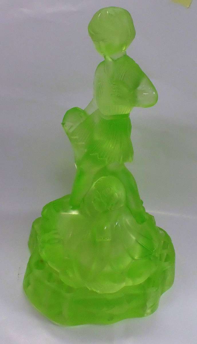Rare 1930s Art Deco Walther & Söhne 2pc Uranium Glass Figurine & Frog Set -
