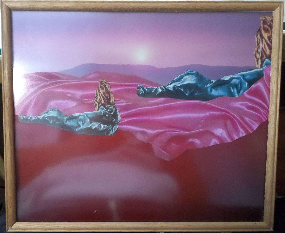 Framed surrealist landscape art print (32cm x 26cm)  Pink fabric & sunset