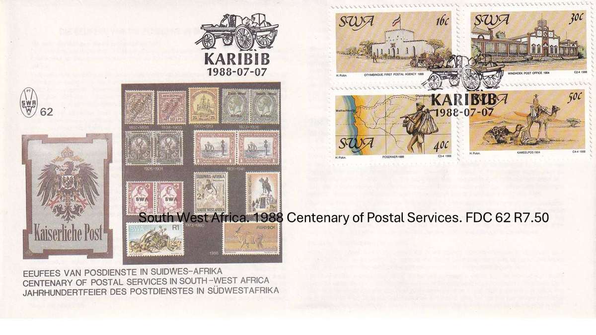 South West Africa. 1988 Centenary of Postal Services. FDC 62 R7.50