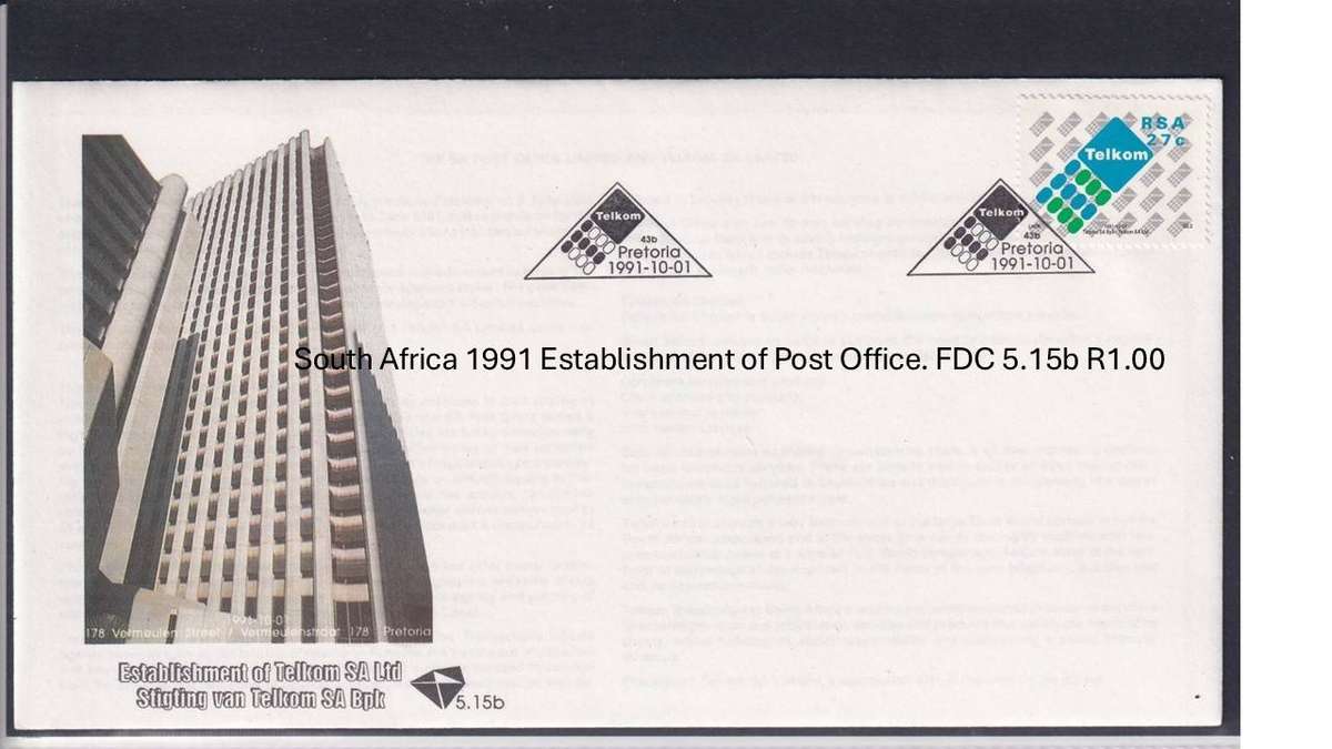 South Africa 1991 Establishment of Post Office. FDC 5.15b