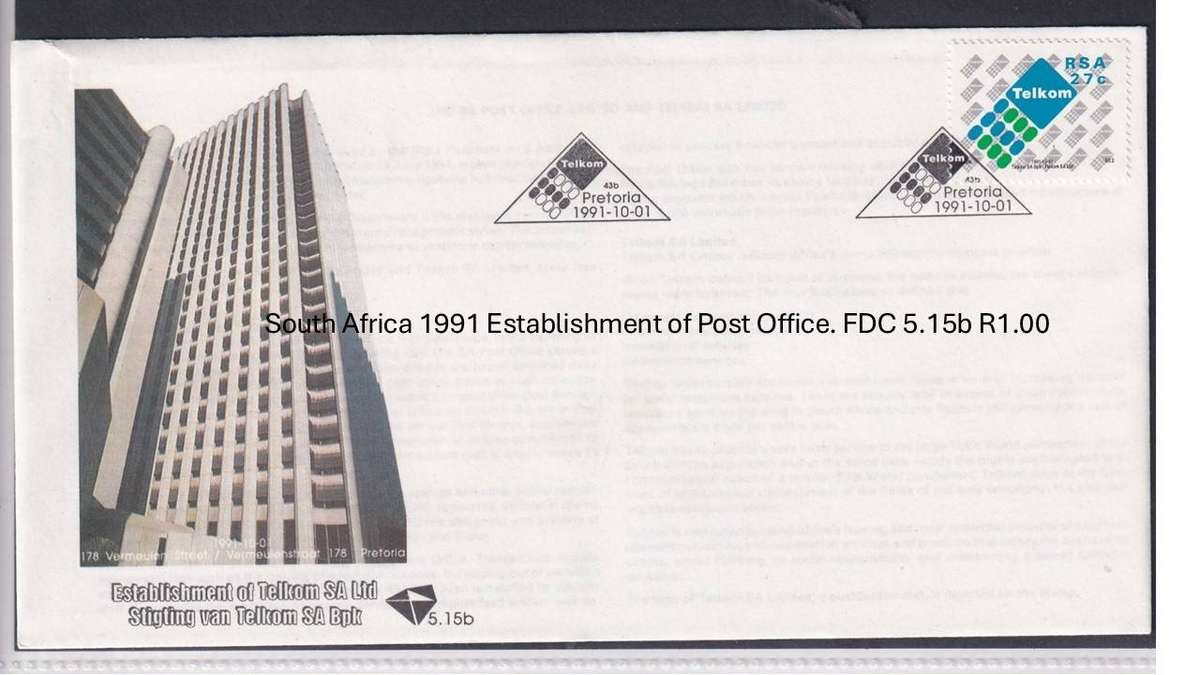 South Africa 1991 Establishment of Post Office. FDC 5.15b