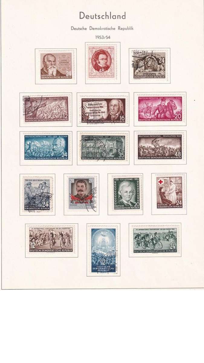 Used Germany DDR stamps on album page. 1 bid for all.