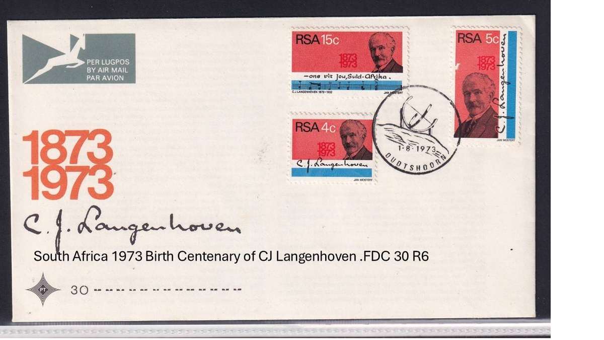 South Africa 1973 Birth Centenary of CJ Langenhoven .FDC 30 R6