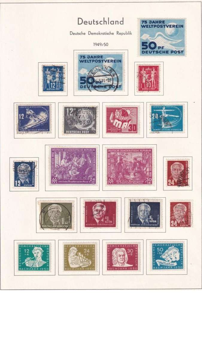 Germany DDR used stamps on album page. 1 bid for all.