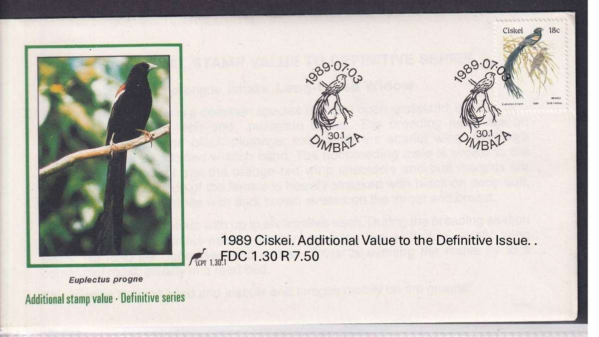 1989 Ciskei. Additional Value to the Definitive Issue. . FDC 1.30 R 7.50
