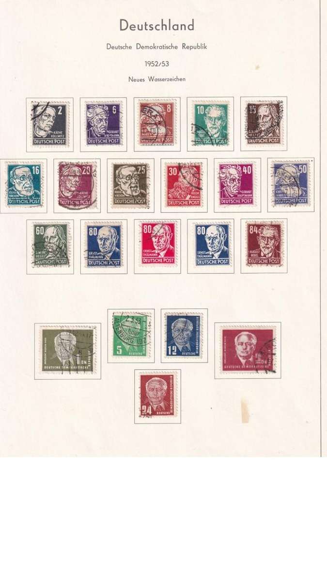 Used Germany DDR stamps on album page. 1 bid for all.