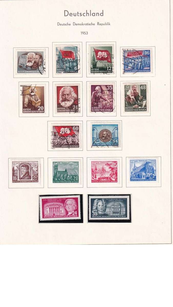 Used Germany DDR stamps on album page. 1 bid for all.