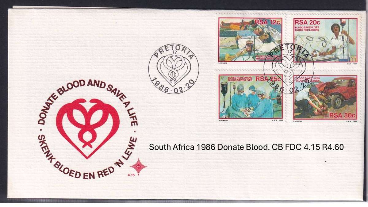 South Africa 1986 Donate Blood. CB FDC 4.15 R4.60
