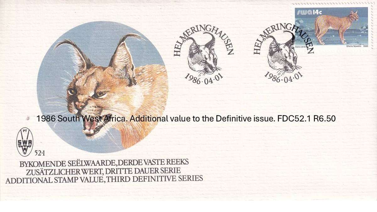 1986 South West Africa. Additional value to the Definitive issue. FDC52.1 R6.50