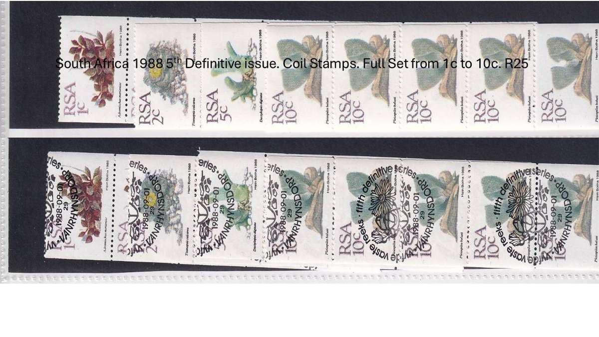 South Africa 1988 5th Definitive issue. Coil Stamps. Full Set from 1c to 10c.