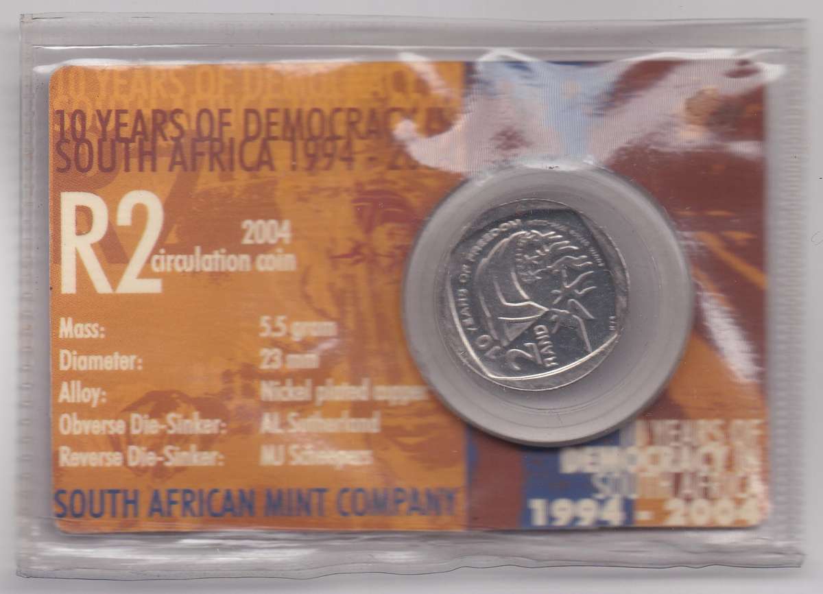 2004 South Africa 10 Years of Democracy R2 Coin in card