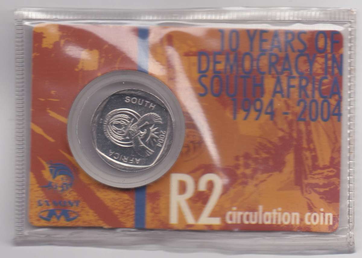 2004 South Africa 10 Years of Democracy R2 Coin in card