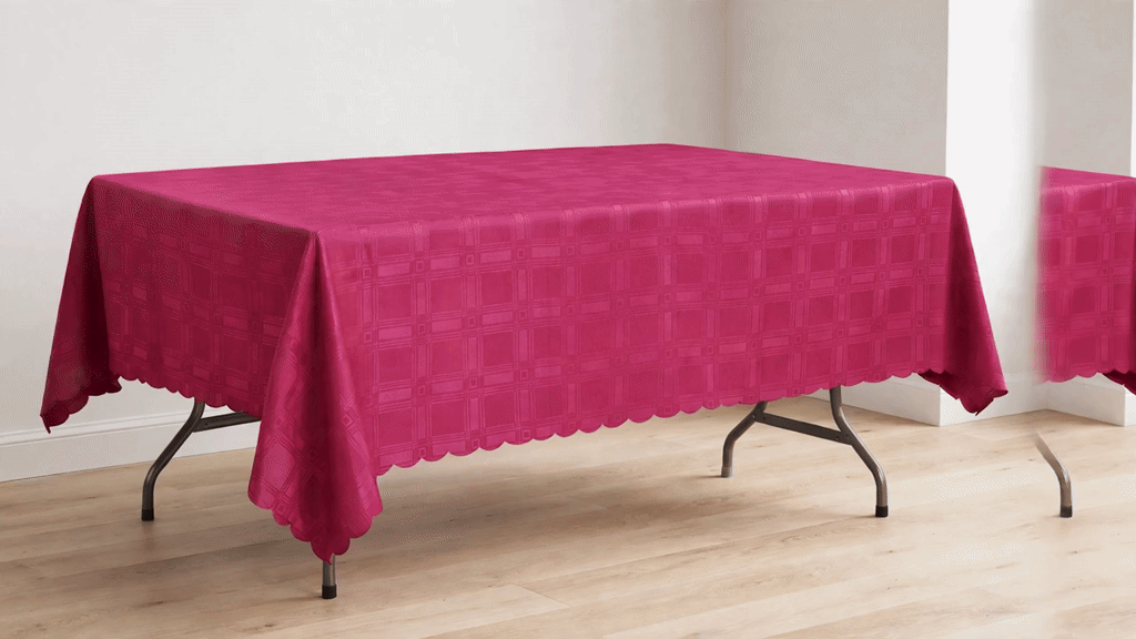 Maroon Damask Blocks Tablecloth - 1.5m x 2.5m - Scalloped Edge - Polyester