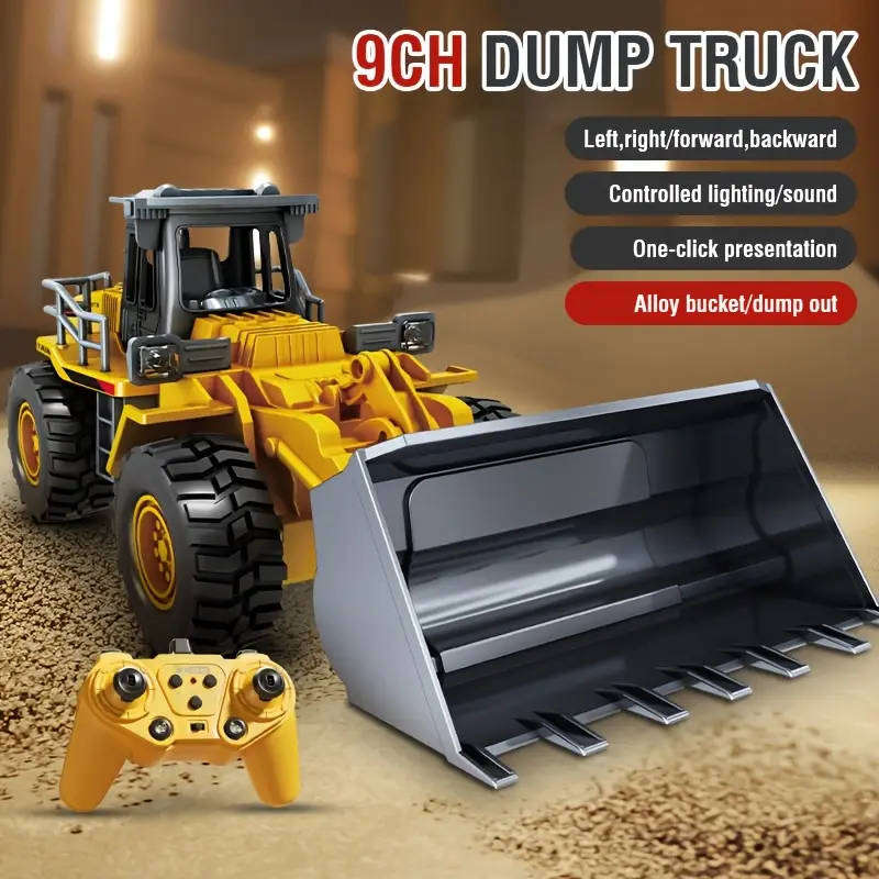 9-Channel Remote Control  Bulldozer Truck with Metal Shovel & Lights