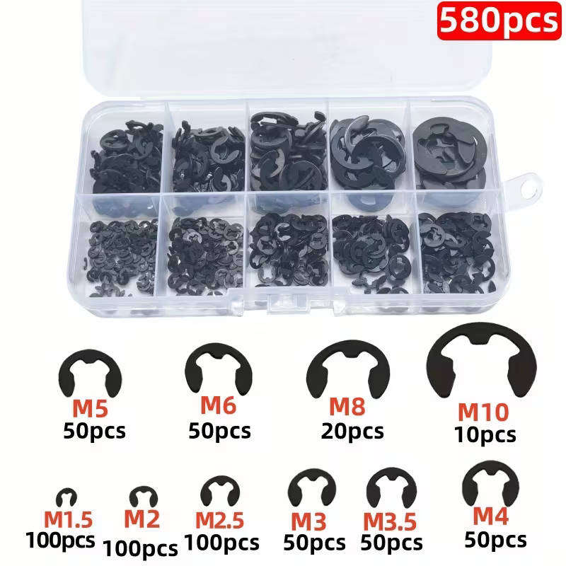 580pcs carbon steel e-clamp washer combo kit circlip retaining ring set