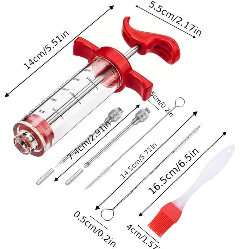 Kitchen meat marinator injector set - stainless steel, 2-in-1 marinade syringe and injector