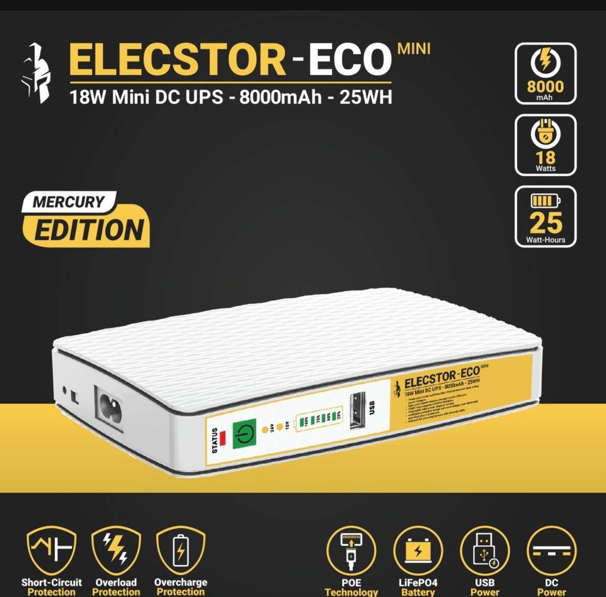 ELECSTOR-ECO MINI 18W Mini DC UPS - 8000mAh - 25WH