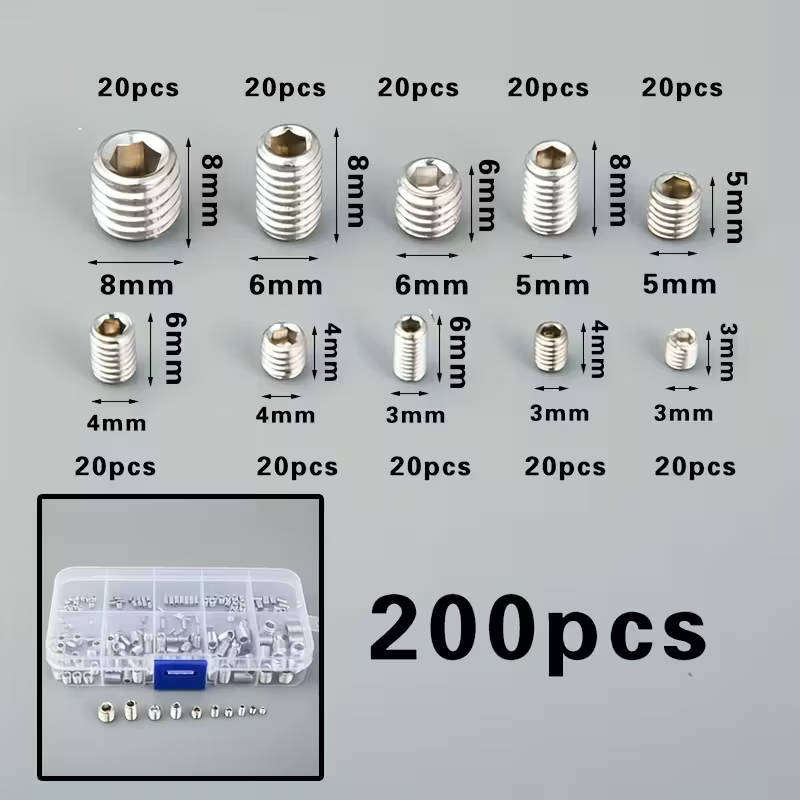 200pc 304 stainless steel countersunk hex screw kit