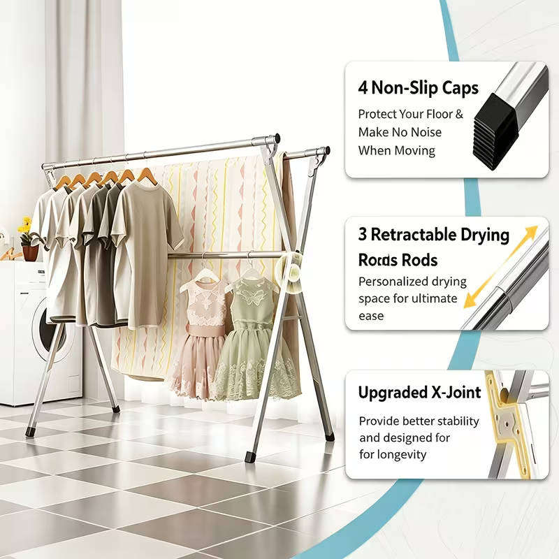Heavy-duty 3-rod retractable and foldable clothes drying rack - durable and space-saving
