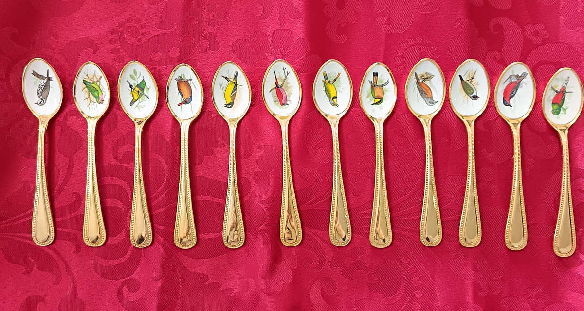 Vintage Gold-Plated Teaspoons with South African Bird Illustrations