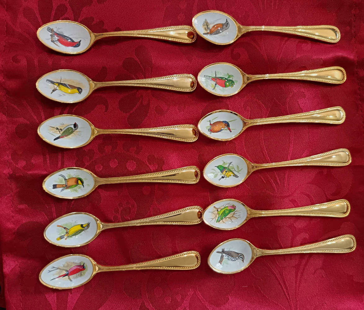 Vintage Gold-Plated Teaspoons with South African Bird Illustrations