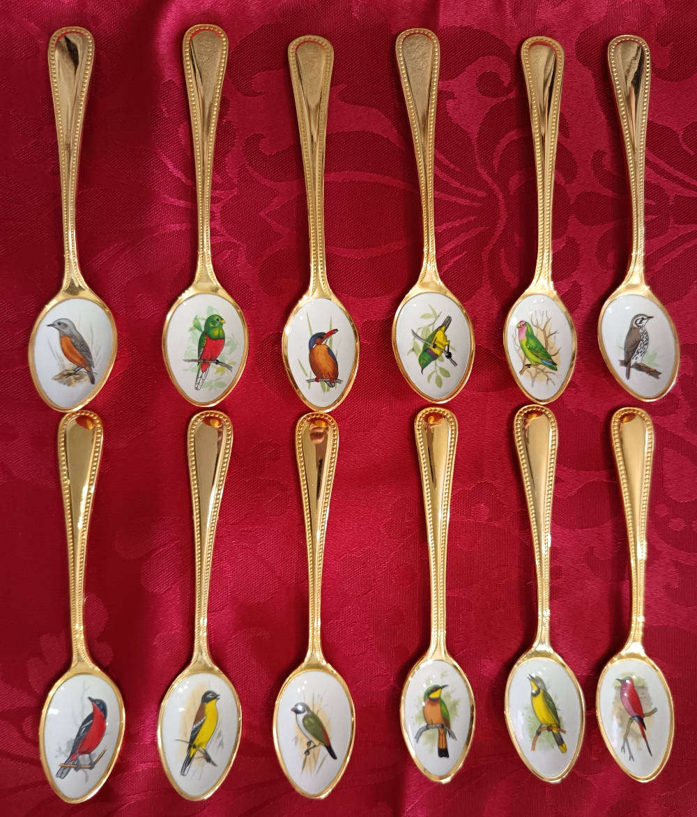 Vintage Gold-Plated Teaspoons with South African Bird Illustrations