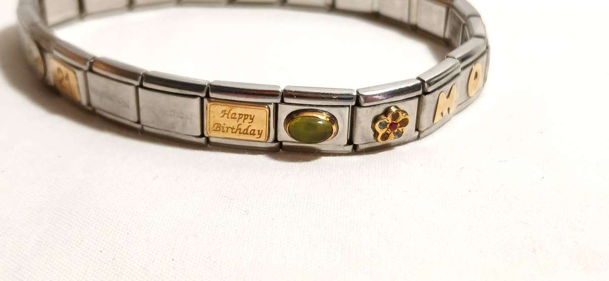 Stainless steel nomination bracelet with 9ct gold