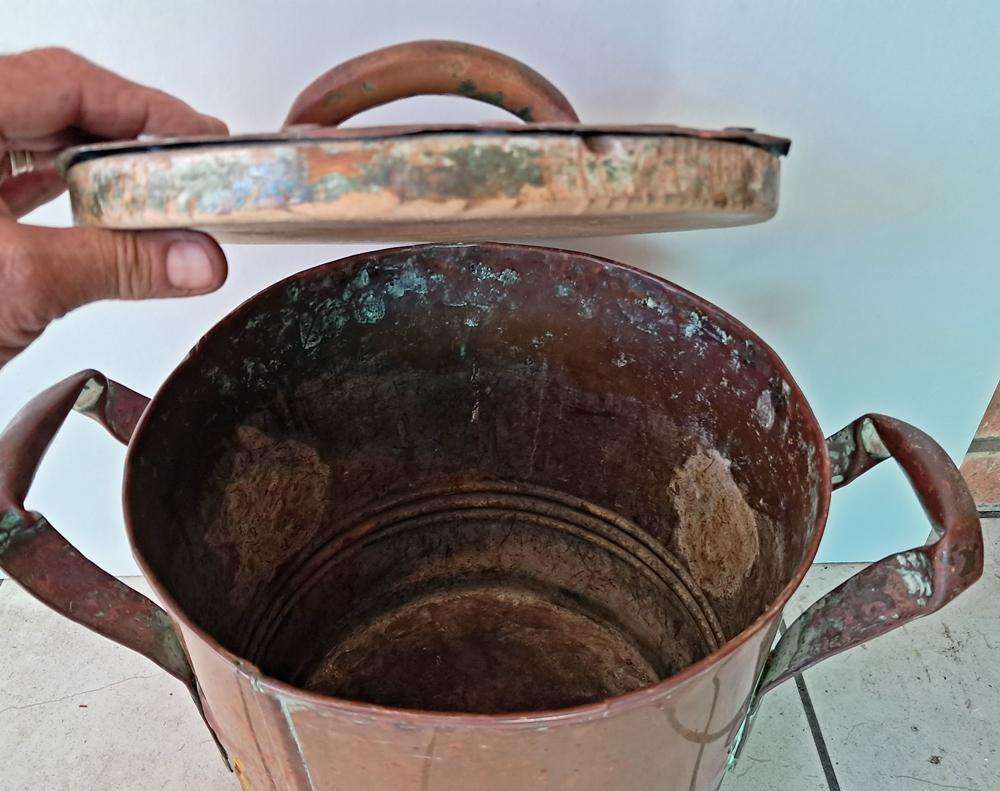 Large antique copper cauldron
