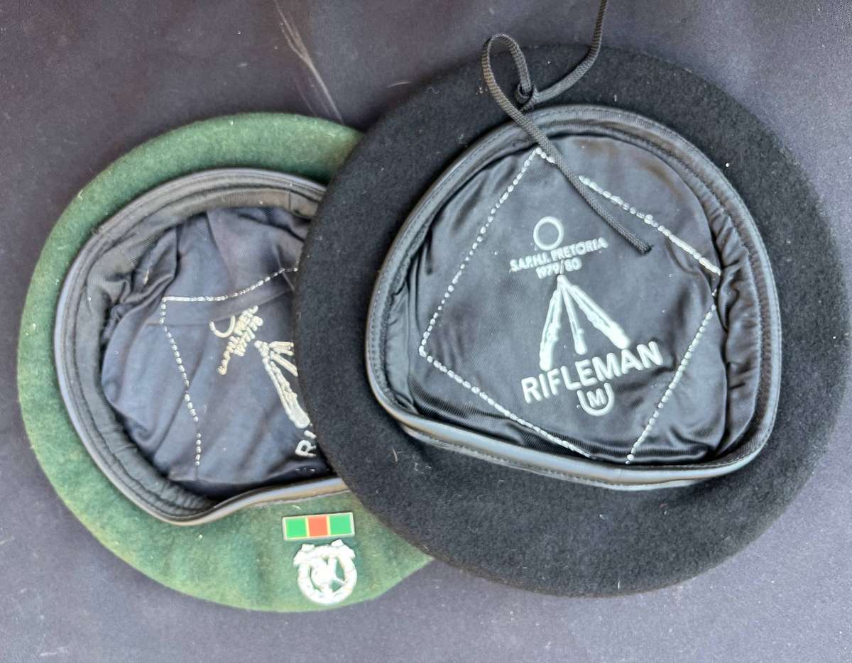 SADF Berets. One with badge, black one with no badge.