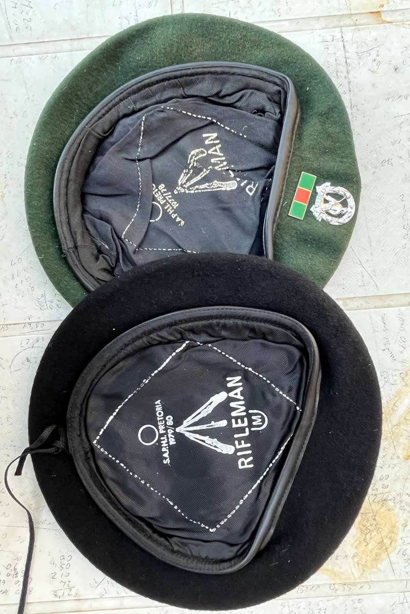 SADF Berets. One with badge, black one with no badge.