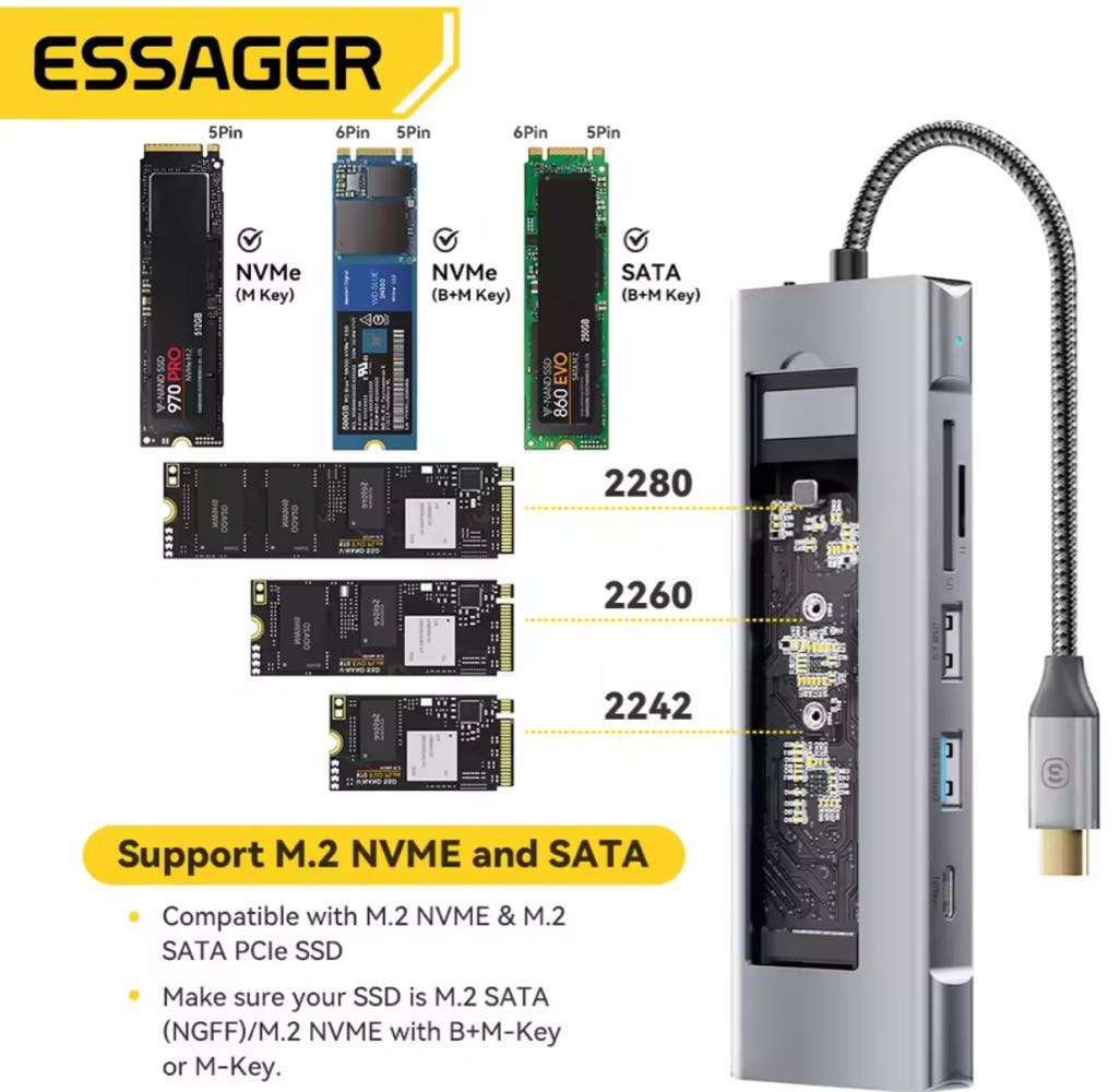 Essager 8-in-1 USB Hub With Disk Storage Function