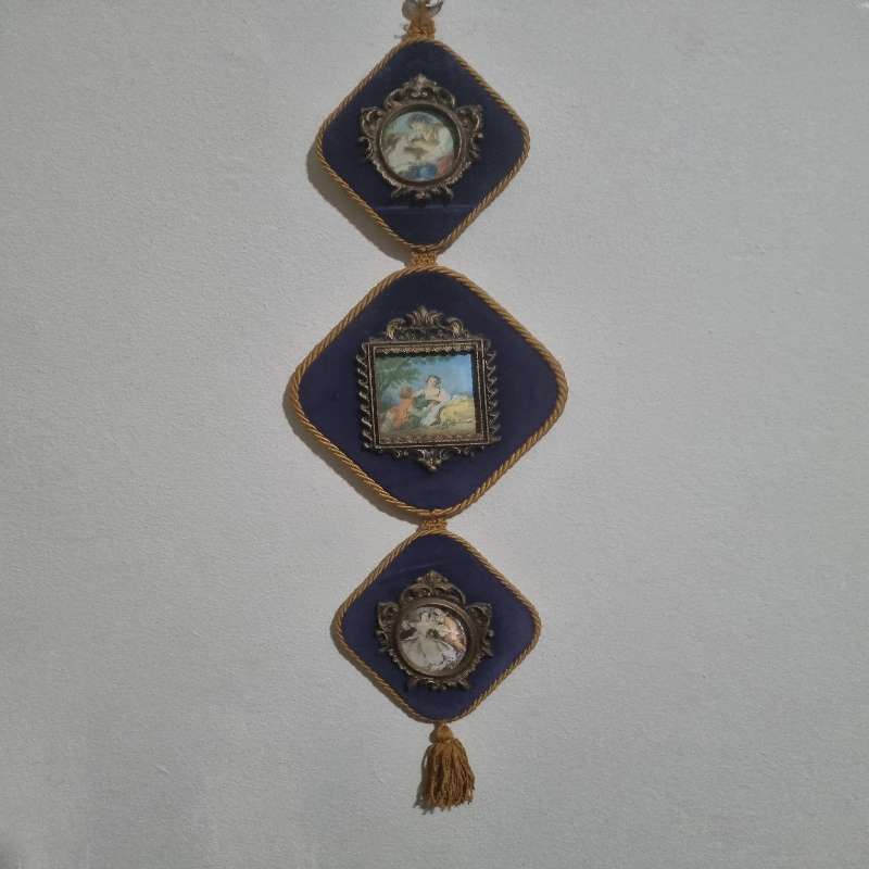 Vintage Portraits Ornate Trio Wall Hanging - Set in Blue velvet with brass detail