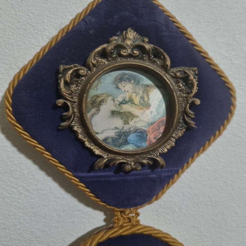 Vintage Portraits Ornate Trio Wall Hanging - Set in Blue velvet with brass detail