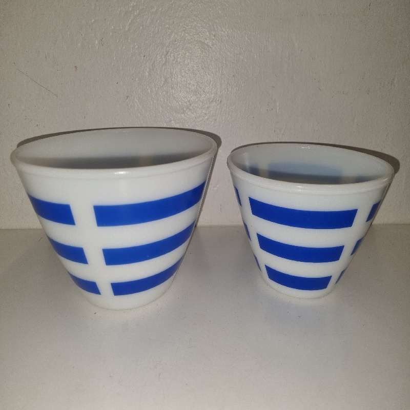 2 x Vintage blue and white striped Opalex Bowls
