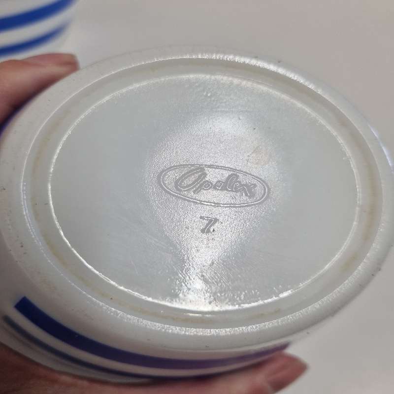 2 x Vintage blue and white striped Opalex Bowls