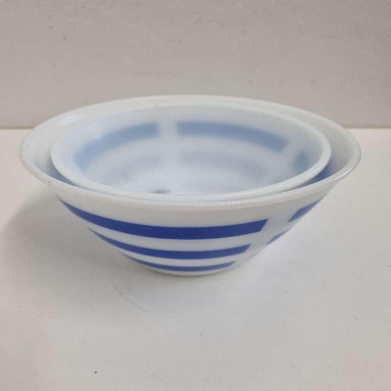 2 x Vintage blue and white striped Opalex Bowls