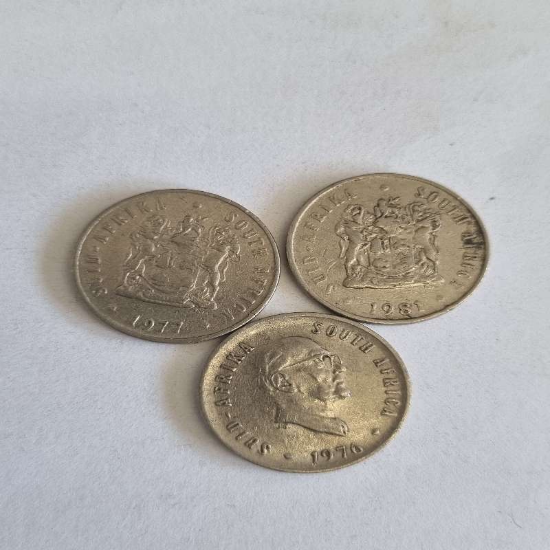 3 x 5 cent coins - 1976, 1977 and 1981