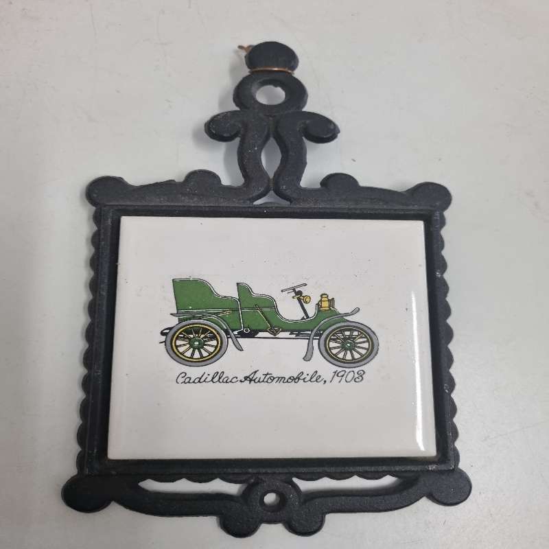 Vintage Japanese Cast Iron Trivet with Tile - Cadillac Automobile 1903
