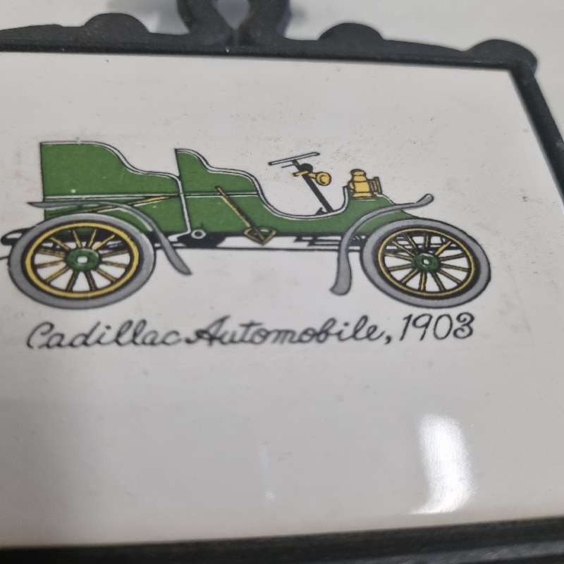 Vintage Japanese Cast Iron Trivet with Tile - Cadillac Automobile 1903