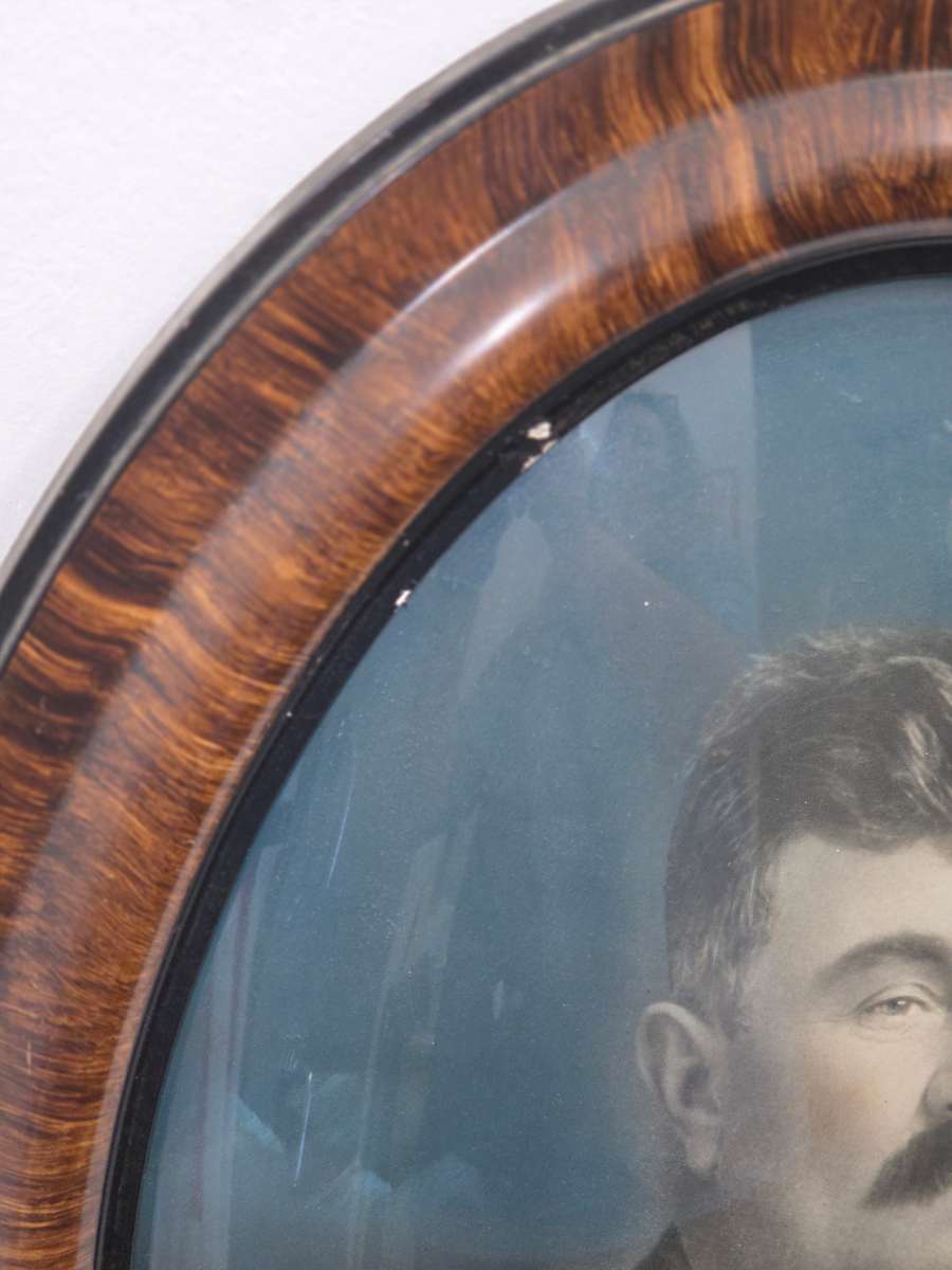 Large Vintage Oval Wooden Frame with curved glass and vintage photo