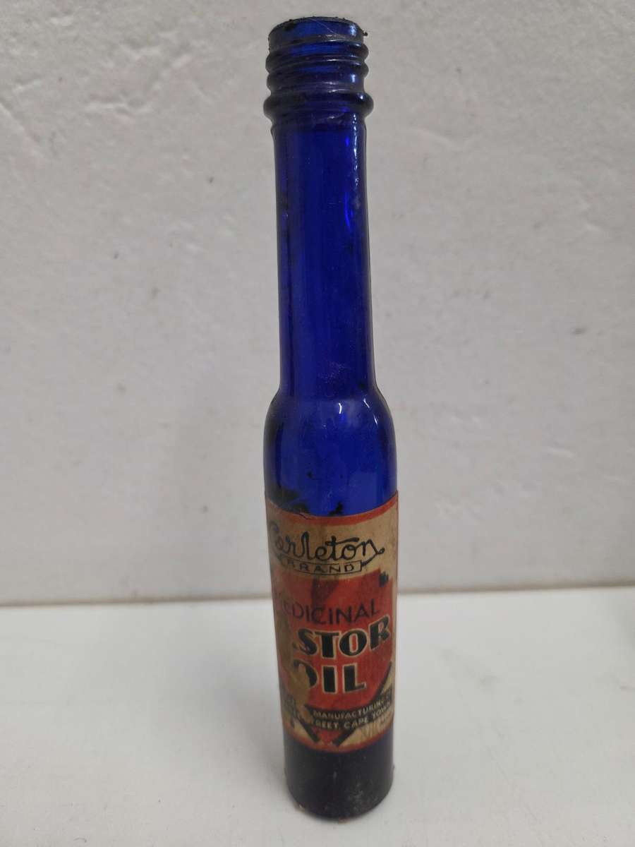 Vintage Blue Glass Bottle - Medicinal Castor Oil - Cape Town - Height - 18cm