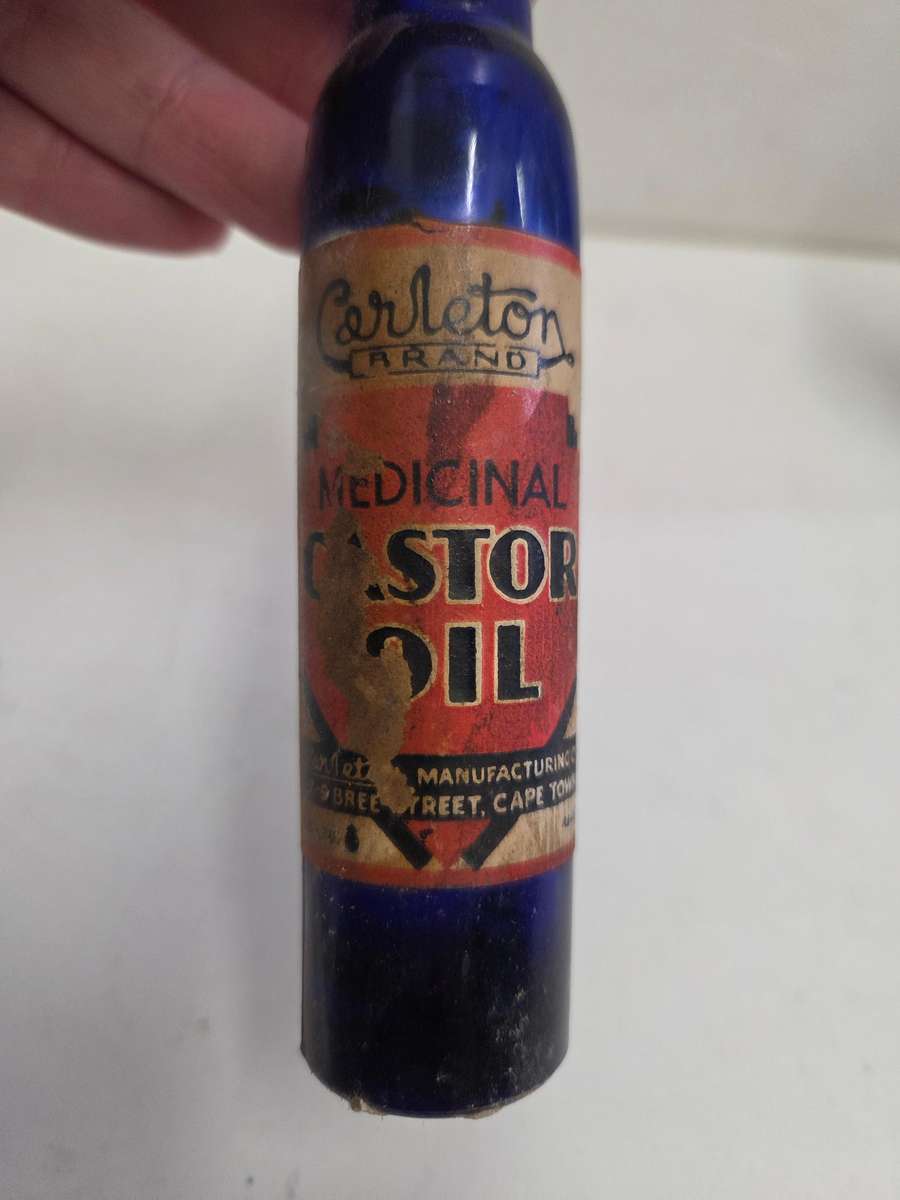 Vintage Blue Glass Bottle - Medicinal Castor Oil - Cape Town - Height - 18cm