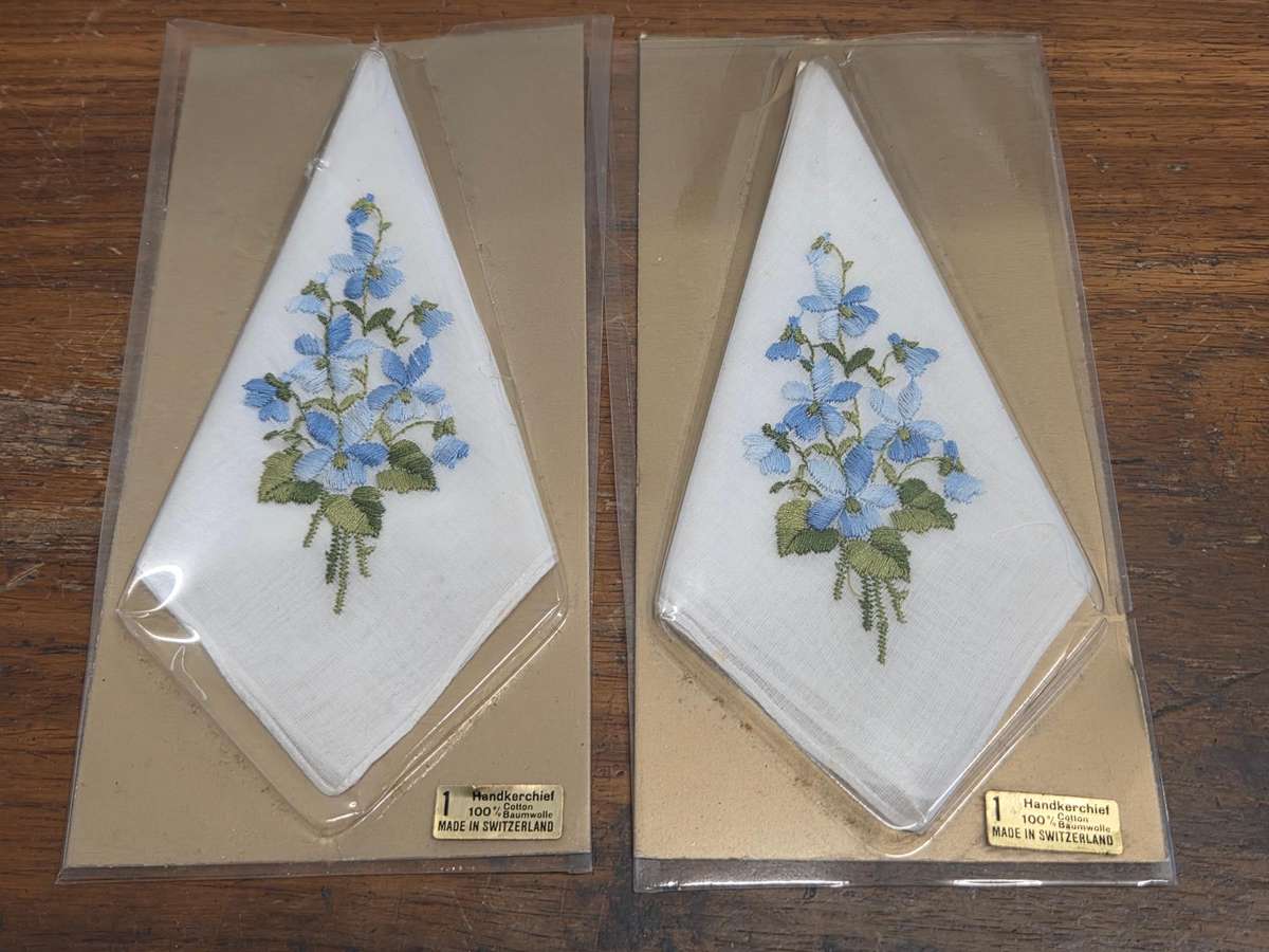 2 x Vintage Embroidered Handkerchiefs - 100% Cotton - Made in Switzerland