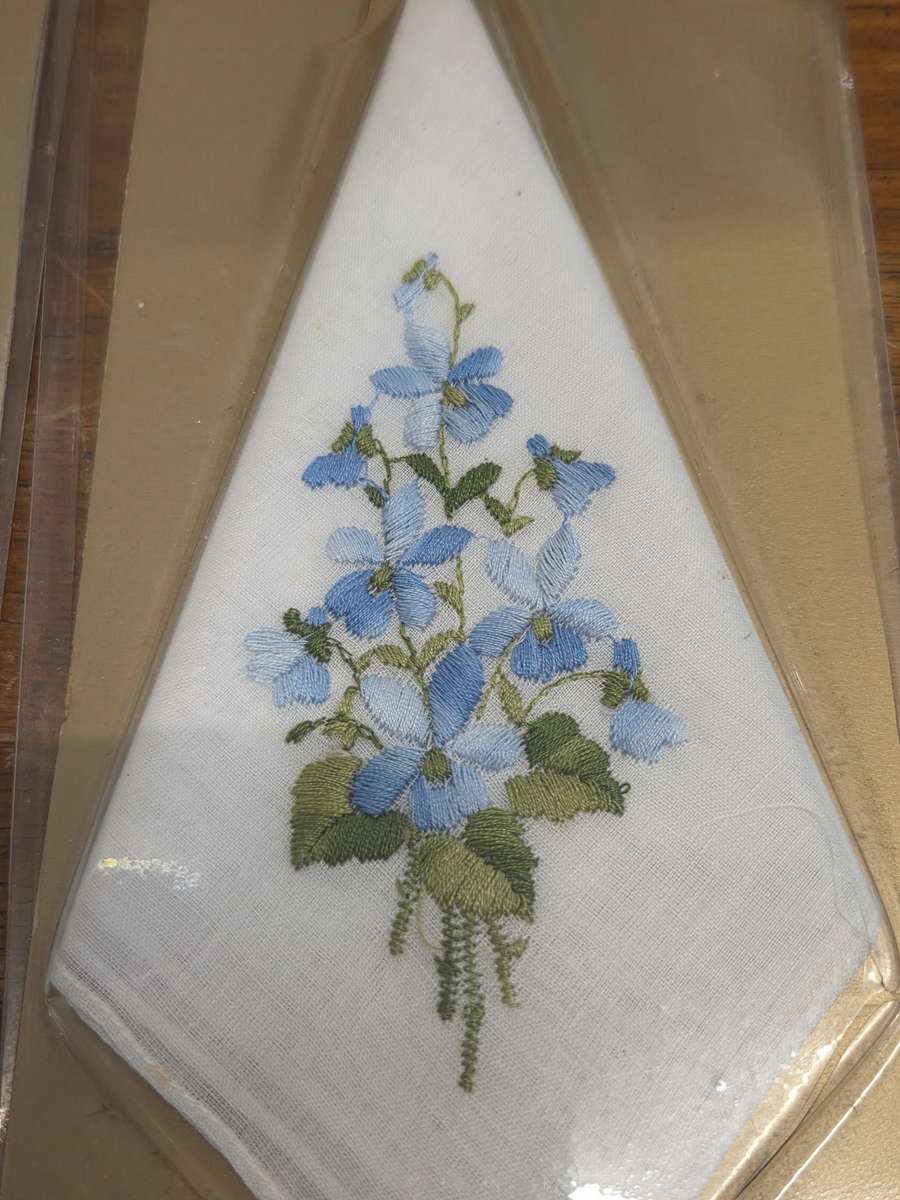 2 x Vintage Embroidered Handkerchiefs - 100% Cotton - Made in Switzerland